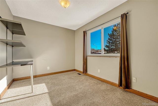 interior space featuring light colored carpet and a textured ceiling