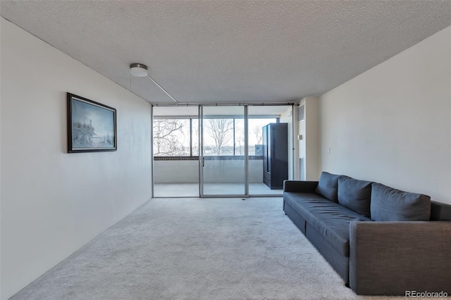 carpeted living room featuring a textured ceiling and a wall of windows