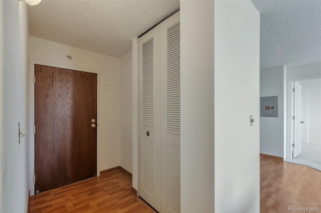 corridor with a textured ceiling, electric panel, and light hardwood / wood-style flooring