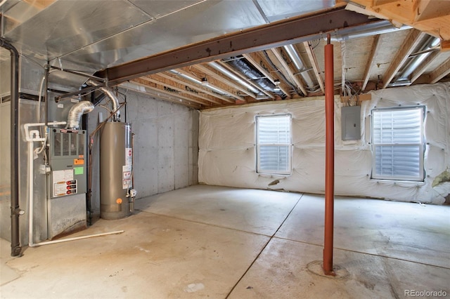 basement featuring electric panel and water heater