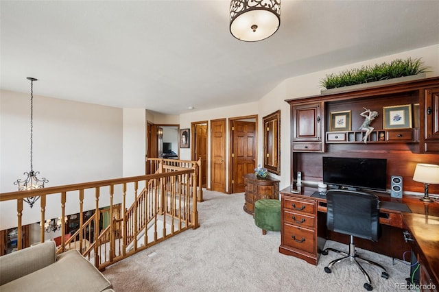 1055 Lindstrom Dr, Colorado Springs, CO 80911 - home office featuring light carpet and a chandelier