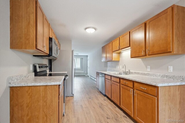 3685 Lewis St, Wheat Ridge, CO 80033 - kitchen with a sink, appliances with stainless steel finishes, light wood-style floors, and light countertops
