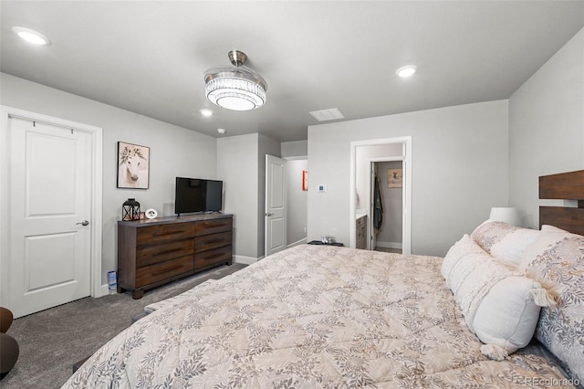 bedroom featuring carpet flooring, recessed lighting, and baseboards
