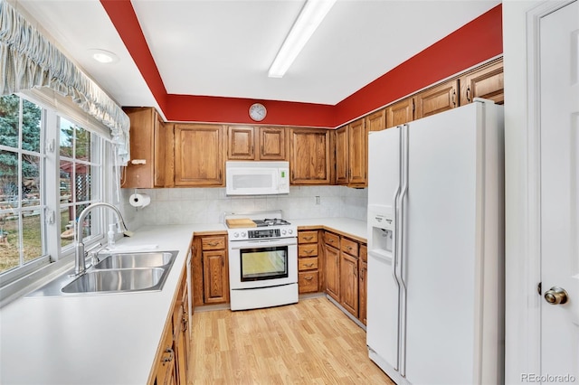 kitchen featuring tasteful backsplash, white appliances, a sink, and brown cabinets