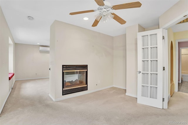 unfurnished living room with recessed lighting, carpet, baseboards, and a multi sided fireplace