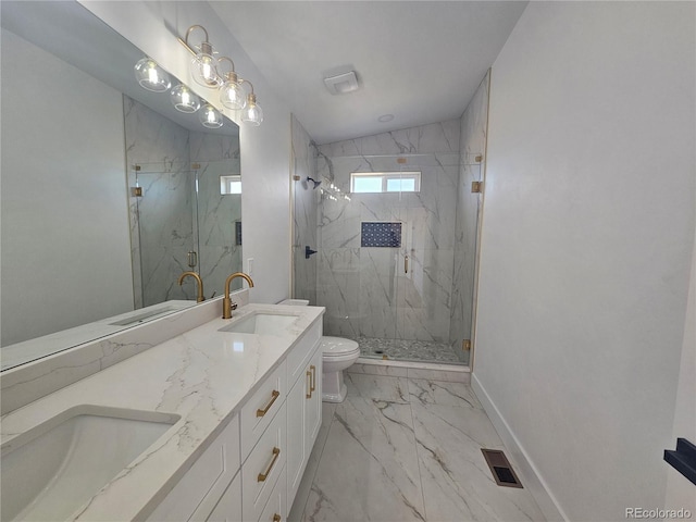 bathroom with toilet, an enclosed shower, vanity, and vaulted ceiling