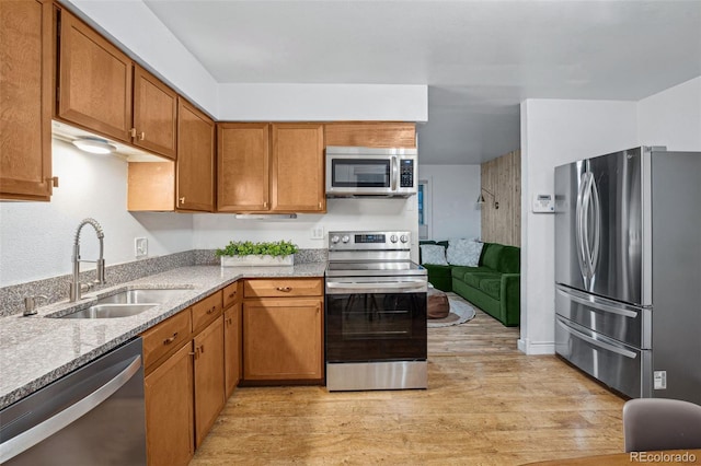 kitchen featuring appliances with stainless steel finishes, sink, and light wood-type flooring