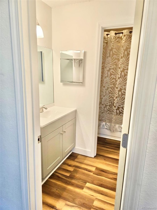 bathroom featuring wood-type flooring and vanity