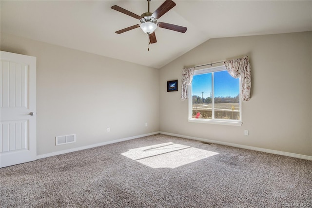 6812 Indian Paintbrush St, Frederick, CO 80530 - carpeted empty room with vaulted ceiling, a ceiling fan, and baseboards