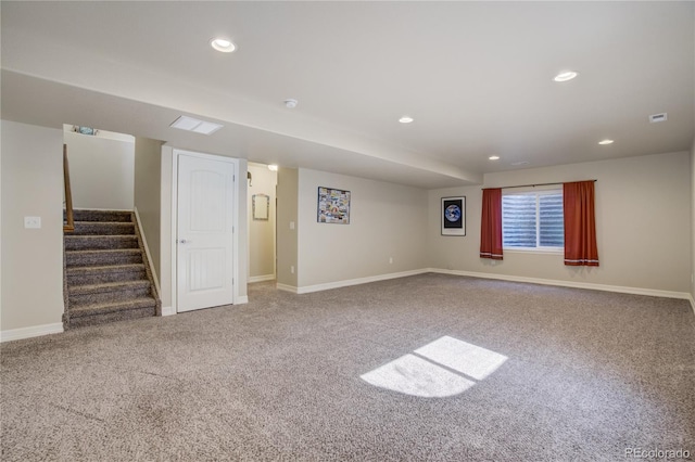 6812 Indian Paintbrush St, Frederick, CO 80530 - below grade area featuring carpet flooring, stairs, recessed lighting, and baseboards