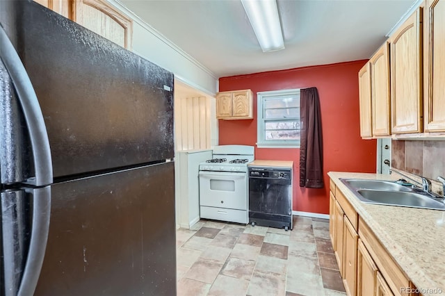 kitchen with light brown cabinetry, crown molding, sink, and black appliances