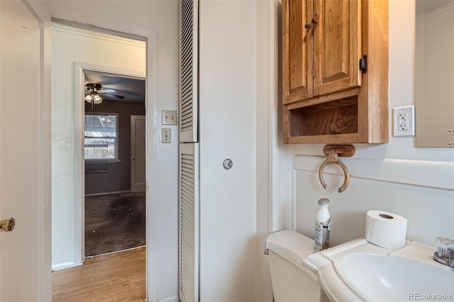 bathroom featuring wood-type flooring, toilet, ceiling fan, and sink