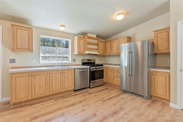140 Beaver Rd, Idaho Springs, CO 80452 - kitchen with appliances with stainless steel finishes, light brown cabinetry, a sink, under cabinet range hood, and light countertops