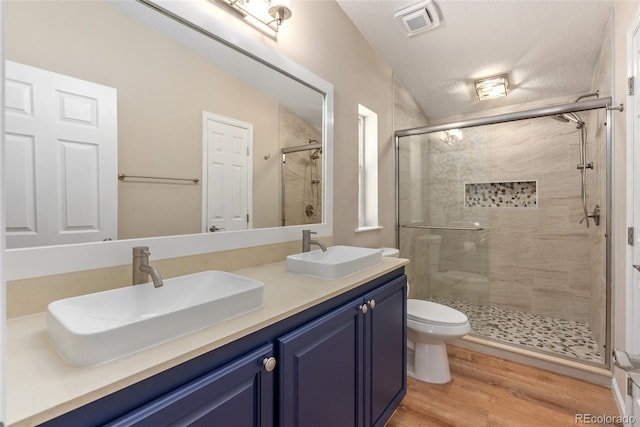 140 Beaver Rd, Idaho Springs, CO 80452 - full bath featuring a shower stall, toilet, double vanity, and wood finished floors