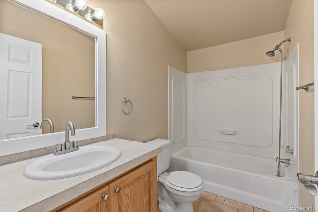 140 Beaver Rd, Idaho Springs, CO 80452 - full bath with toilet, shower / bath combination, tile patterned floors, vanity, and a textured ceiling