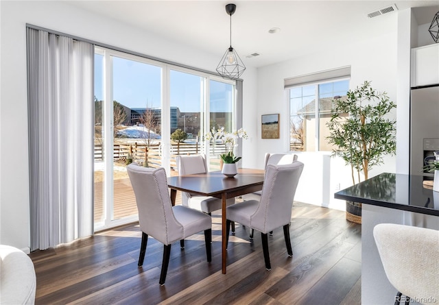 dining area featuring dark wood-type flooring