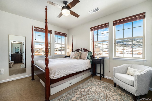 bedroom with carpet, multiple windows, visible vents, and baseboards