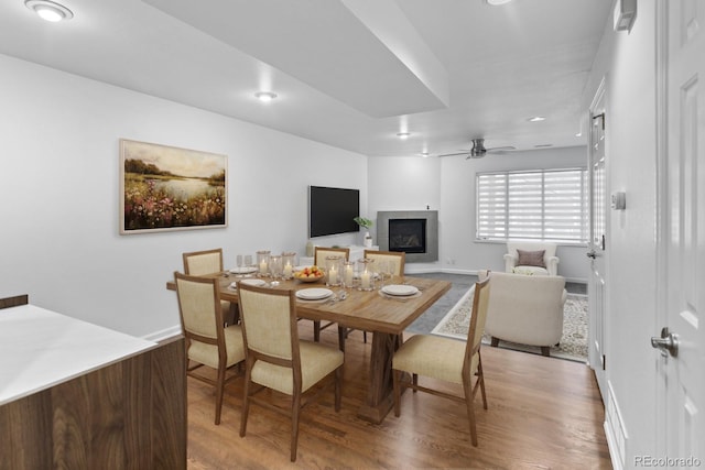 dining space with hardwood / wood-style floors and ceiling fan