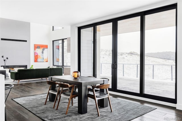 dining room featuring floor to ceiling windows, a healthy amount of sunlight, and dark wood finished floors