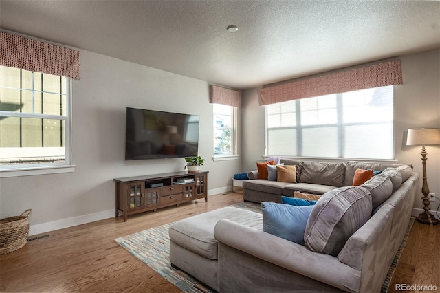 living room featuring light hardwood / wood-style flooring and a textured ceiling