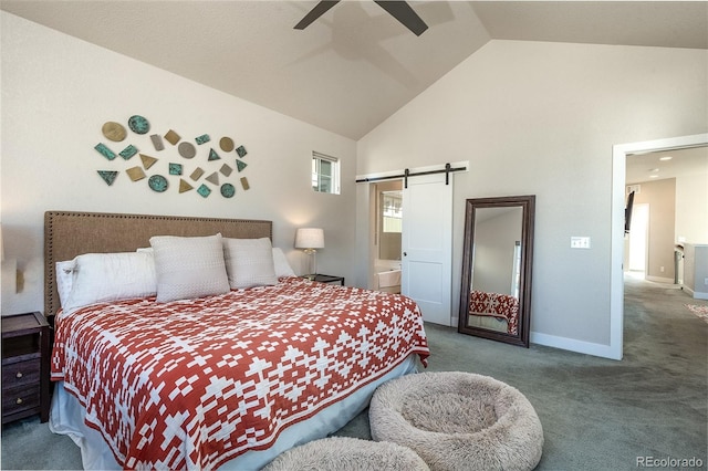 carpeted bedroom featuring ceiling fan, a barn door, high vaulted ceiling, and ensuite bath