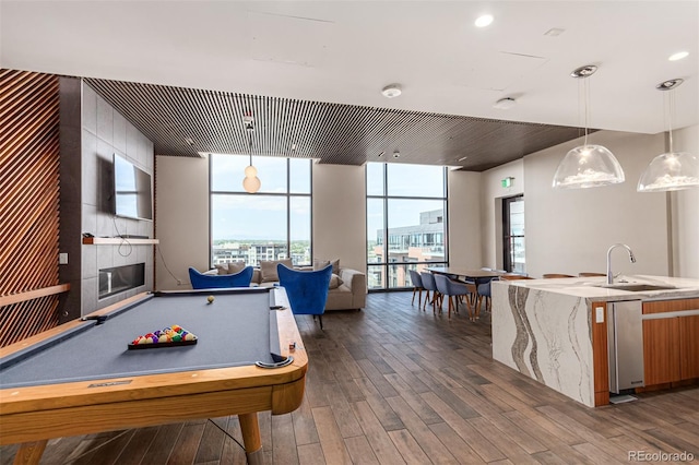 rec room featuring a sink, a fireplace, a wall of windows, and wood finished floors