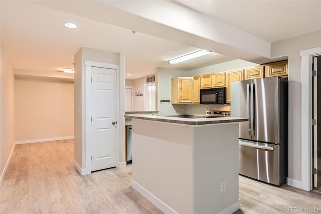 5201 S Fox St Unit 102, Littleton, CO 80120 - kitchen featuring freestanding refrigerator, black microwave, light wood finished floors, light brown cabinets, and recessed lighting