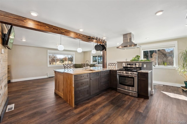 kitchen featuring a healthy amount of sunlight, gas range, ventilation hood, and a sink