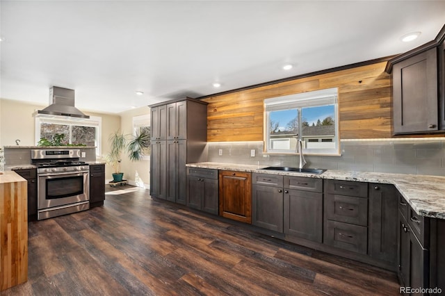 kitchen with a sink, dark wood-style floors, stainless steel range with gas cooktop, and range hood