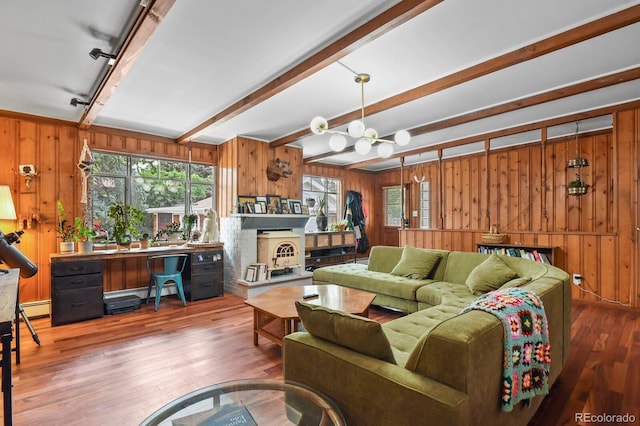 4040 Cody St, Wheat Ridge, CO 80033 - living area with wooden walls, beam ceiling, hardwood / wood-style flooring, a baseboard heating unit, and an office area