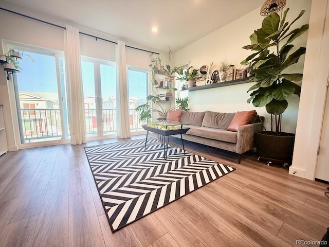 living room with recessed lighting and wood finished floors