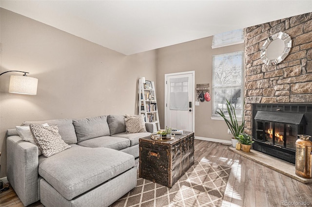 living room with a fireplace and hardwood / wood-style floors