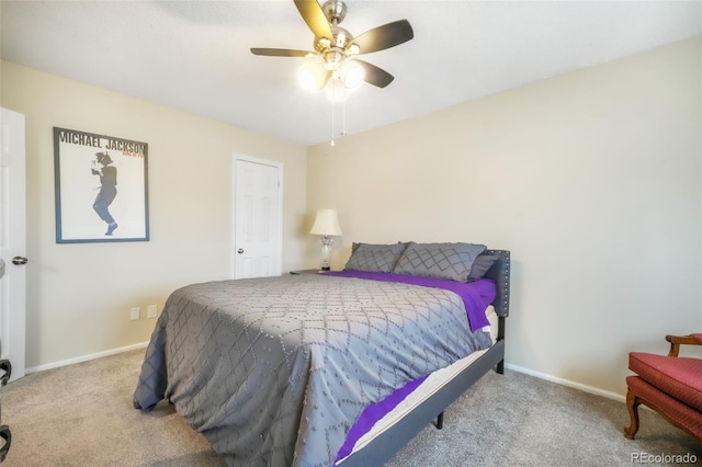 bedroom featuring carpet floors, ceiling fan, and baseboards