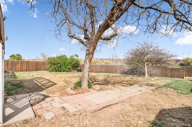 fenced backyard with a patio area