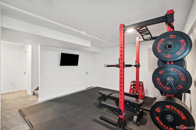 exercise room featuring carpet flooring