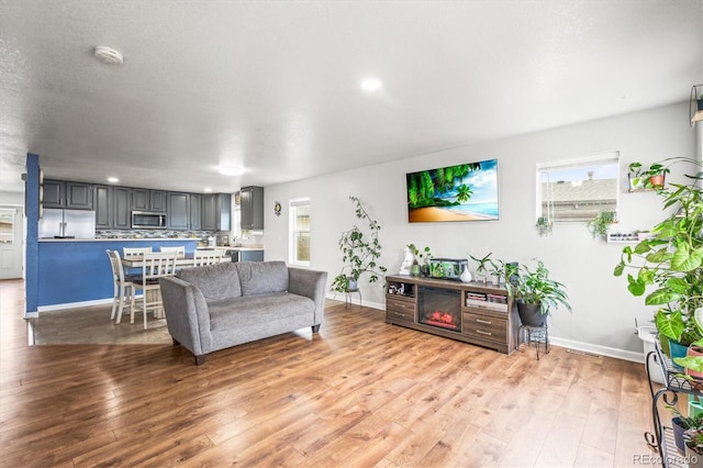 living room with light hardwood / wood-style floors and a textured ceiling