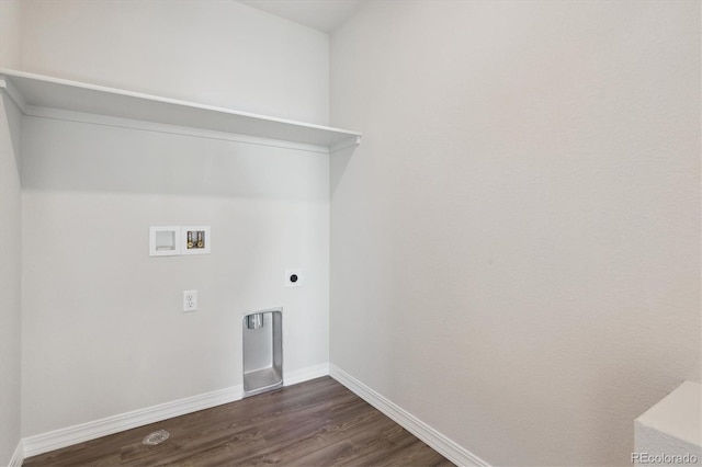 laundry area featuring electric dryer hookup, washer hookup, and dark hardwood / wood-style flooring