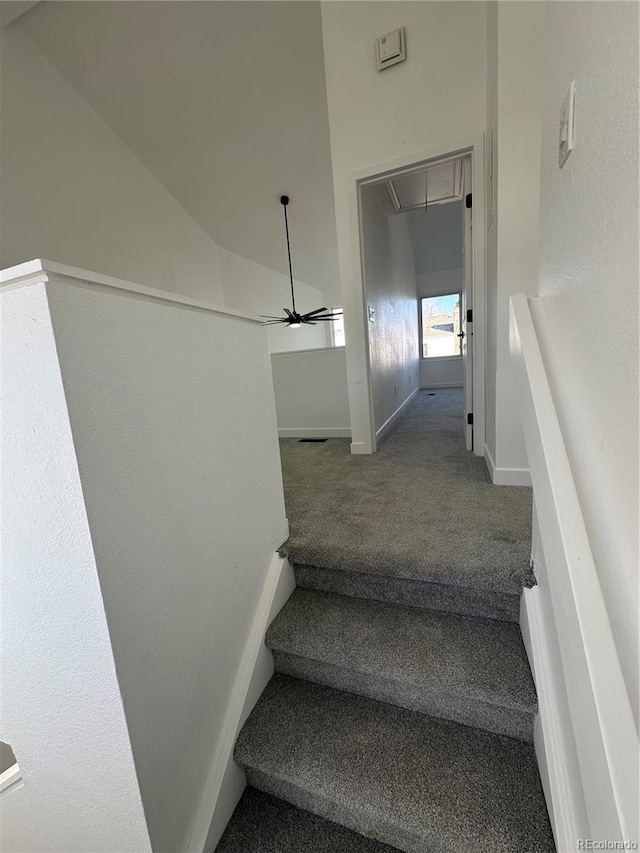 stairway featuring carpet, attic access, vaulted ceiling, ceiling fan, and baseboards