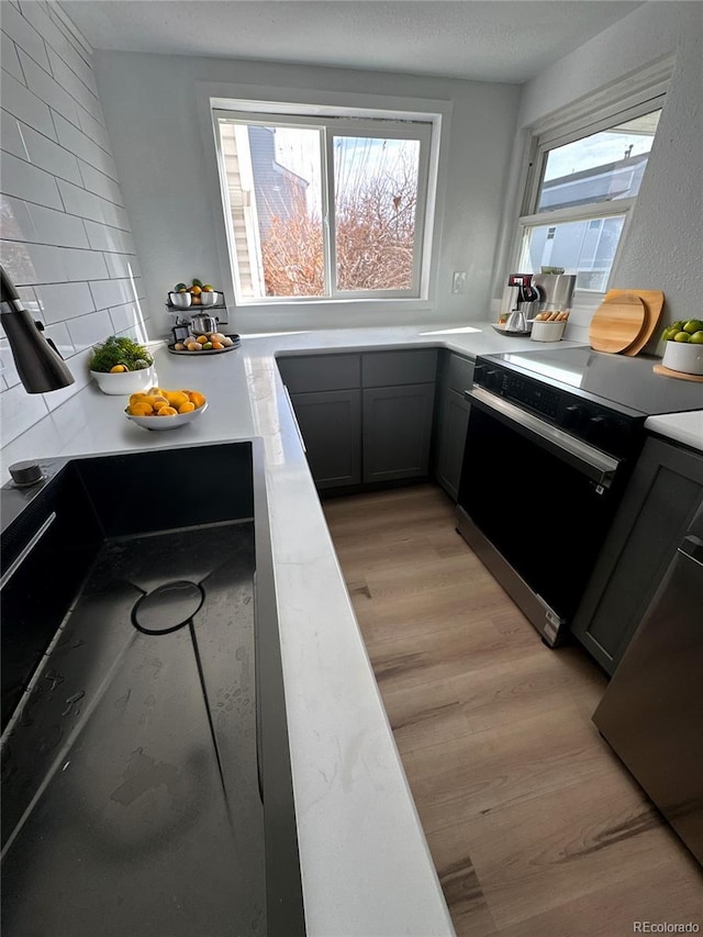 kitchen featuring light wood finished floors, range with electric stovetop, backsplash, and a wealth of natural light