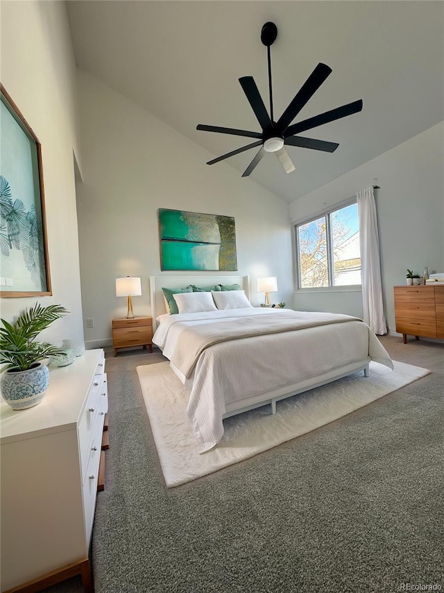 bedroom with a ceiling fan and high vaulted ceiling