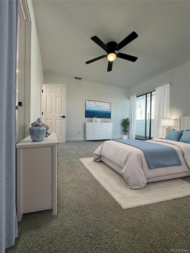 bedroom featuring light carpet, visible vents, and a ceiling fan