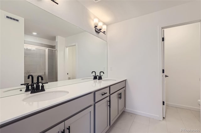 full bath with double vanity, a sink, visible vents, and a shower stall