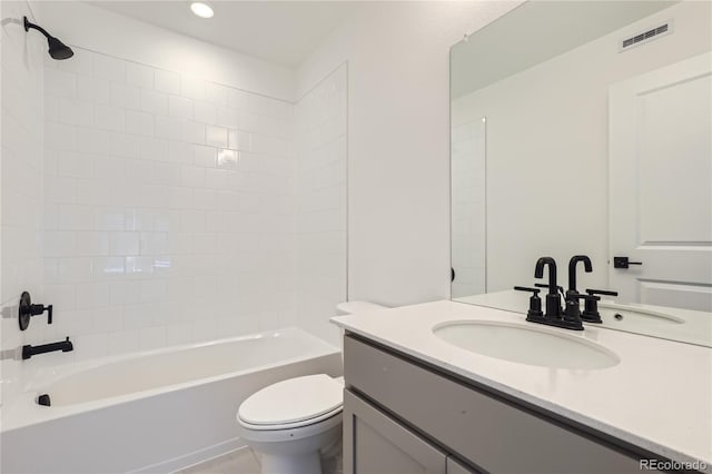 full bath with recessed lighting, visible vents, shower / bathing tub combination, toilet, and vanity