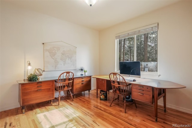 office with light wood-type flooring and baseboards