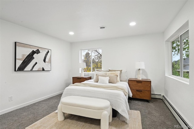 bedroom featuring a baseboard radiator, dark colored carpet, recessed lighting, and baseboards