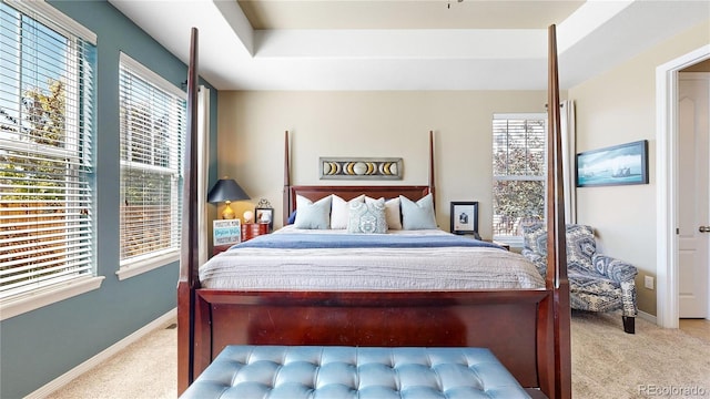 bedroom featuring baseboards, a tray ceiling, and light colored carpet