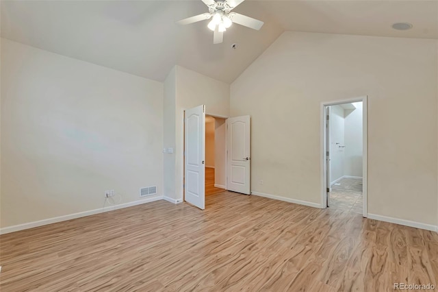22834 E Davies Dr, Aurora, CO 80016 - unfurnished bedroom with light wood-style floors, high vaulted ceiling, and ceiling fan