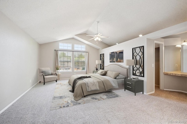 9823 Salford Ln, Highlands Ranch, CO 80126 - bedroom with carpet floors, lofted ceiling, a textured ceiling, and ceiling fan