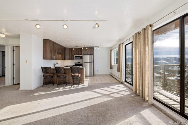 kitchen featuring stainless steel appliances, light colored carpet, dark brown cabinetry, and a kitchen breakfast bar