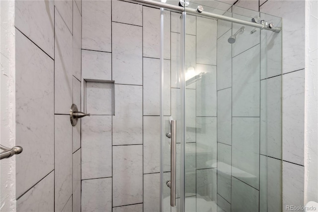 bathroom featuring a shower with shower door